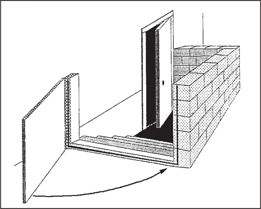 Black and white rendering of a floodwall and hinged flood opening barrier protecting a basement stair and doorway entry.