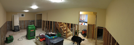 Basement drying out, with flood damaged materials removed.