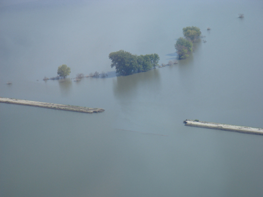 Deep floodwaters. All you can see are the tops of trees.