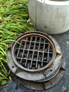 The cover has a grate and is next to grass