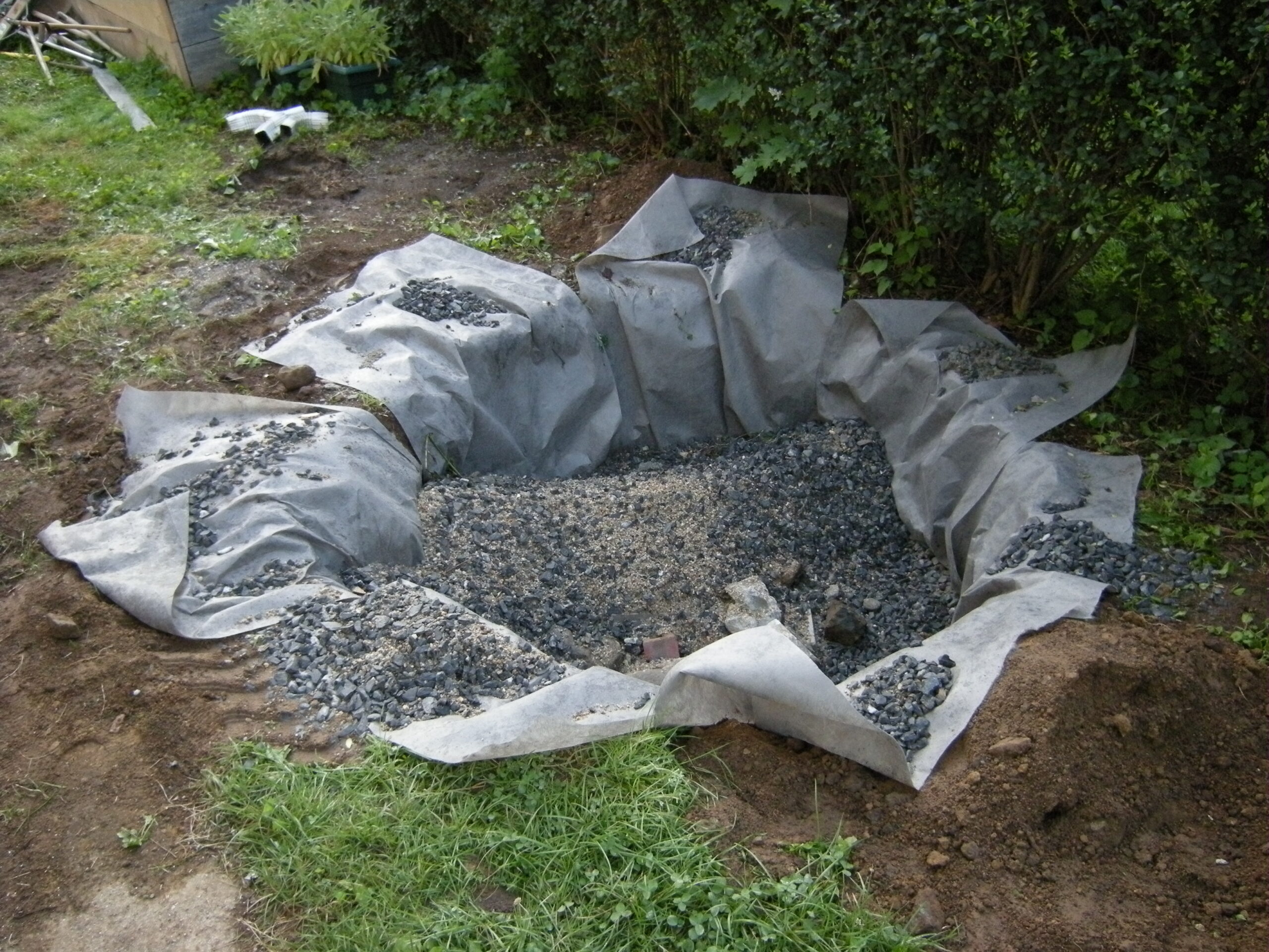A small hole in a lawn filled with tarps and gravel.