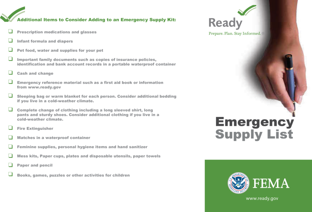 List of recommended Items to include in a Basic Emergency Supply Kit, including water and non-perishable food for several days, extra cell phone and regular batteries or charger, battery-powered or hand crank radio that can receive NOAA Weather Radio tone alerts, flashlight, first aid kit, and more.
